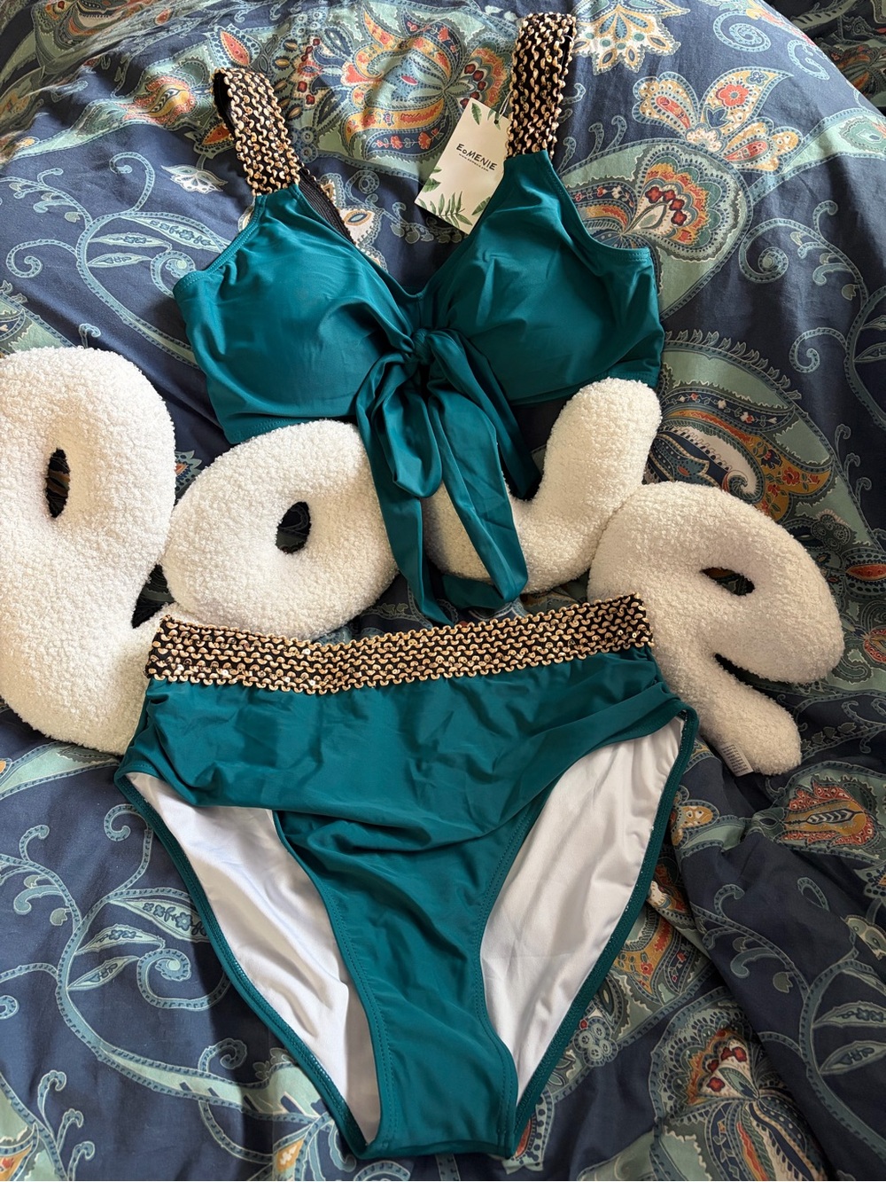 EoMenie XL Teal Tie-Front High-Waist Bikini Set with gold sequin trim